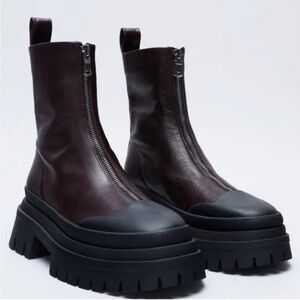 Zara Burgundy Zip Front Boots with Black Soles